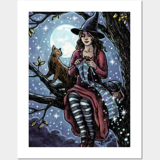 Knitting Witch and Cat by Moonlight Posters and Art